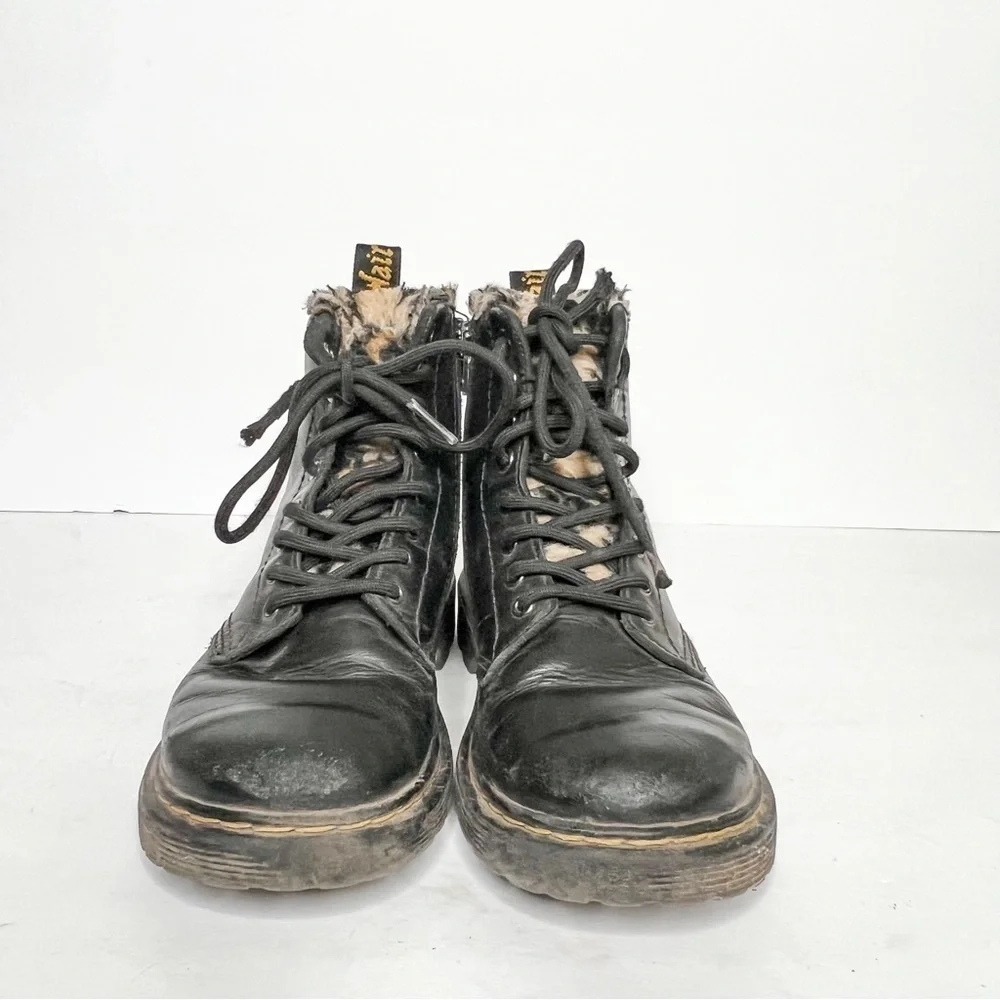 Dr. Martens 1460 Serena Leo Leopard Print Fur Trim Black Leather Combat Boots